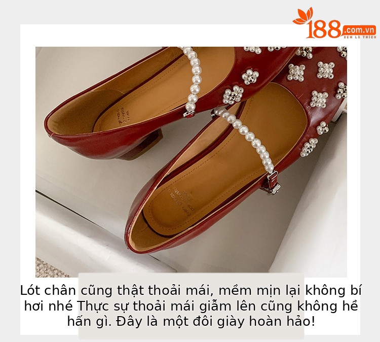 Giày bệt mũi nhọn đính ngọc trai da thật gót thấp — màu đỏ tía, Màu trắng nhạt, bạc chi tiết 7