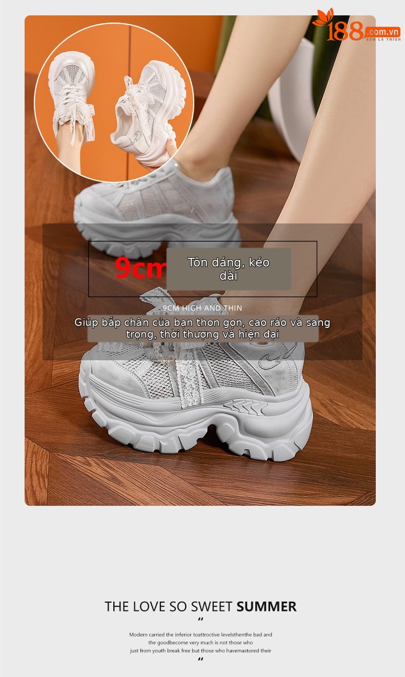 Giày sneaker nữ đế dày chunky phong cách đa năng, cổ thấp, lưới thoáng khí — Trắng, Bạc chi tiết 8