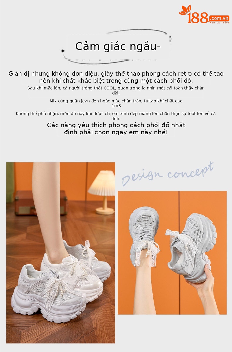 Giày sneaker nữ đế dày chunky phong cách đa năng, cổ thấp, lưới thoáng khí — Trắng, Bạc chi tiết 3
