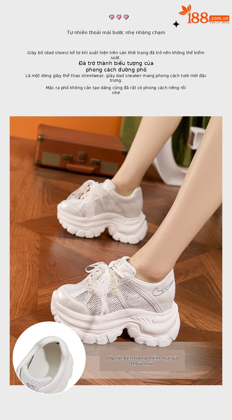 Giày sneaker nữ đế dày chunky phong cách đa năng, cổ thấp, lưới thoáng khí — Trắng, Bạc chi tiết 4