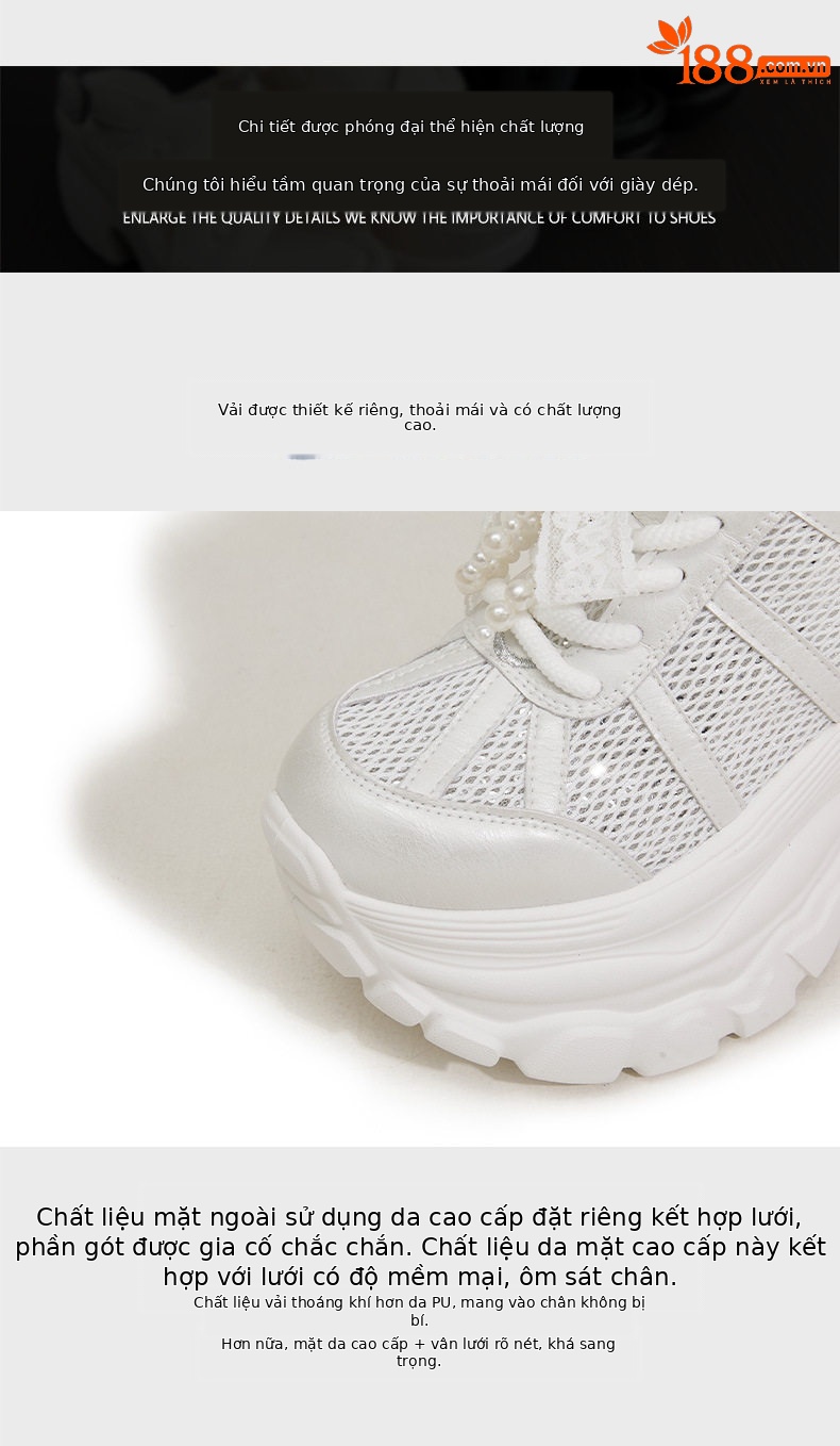 Giày sneaker nữ đế dày chunky phong cách đa năng, cổ thấp, lưới thoáng khí — Trắng, Bạc chi tiết 5