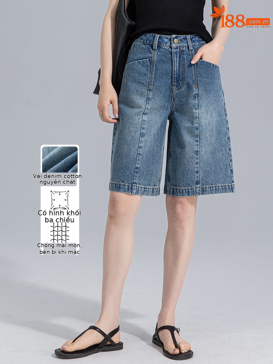 Quần short denim ống rộng cạp cao Xingge dáng suông mùa hè — Màu xanh lam