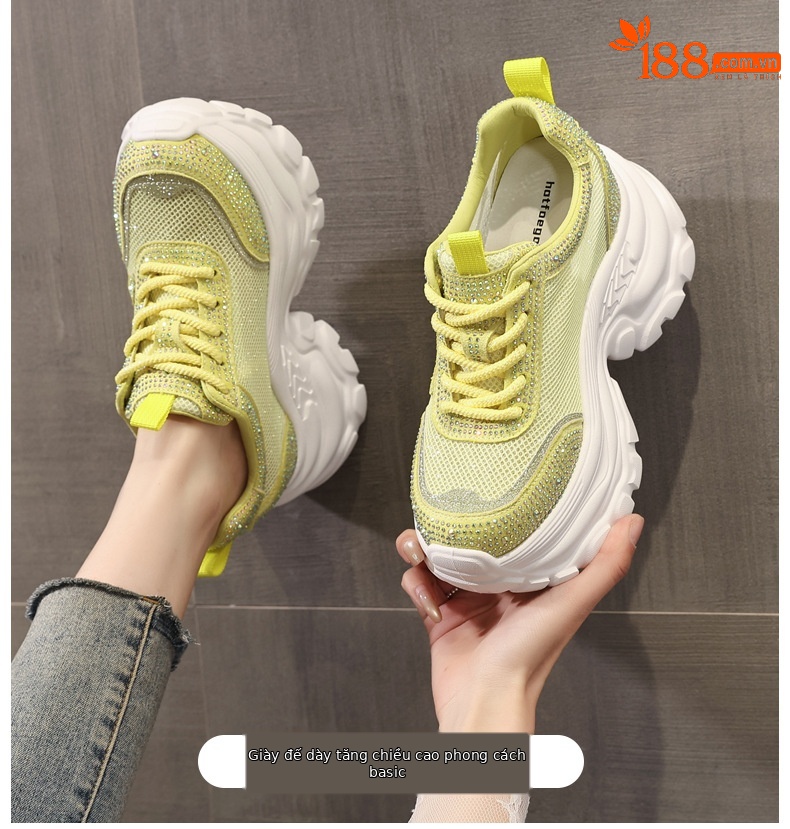 Giày sneaker chunky nữ đế dày mặt lưới đính đá tăng chiều cao — Màu đen chi tiết 1