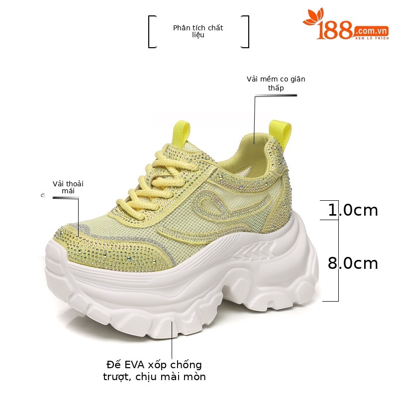 Giày sneaker chunky nữ đế dày mặt lưới đính đá tăng chiều cao — Màu đen chi tiết 2