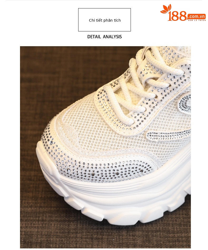 Giày sneaker chunky nữ đế dày mặt lưới đính đá tăng chiều cao — Màu đen chi tiết 6