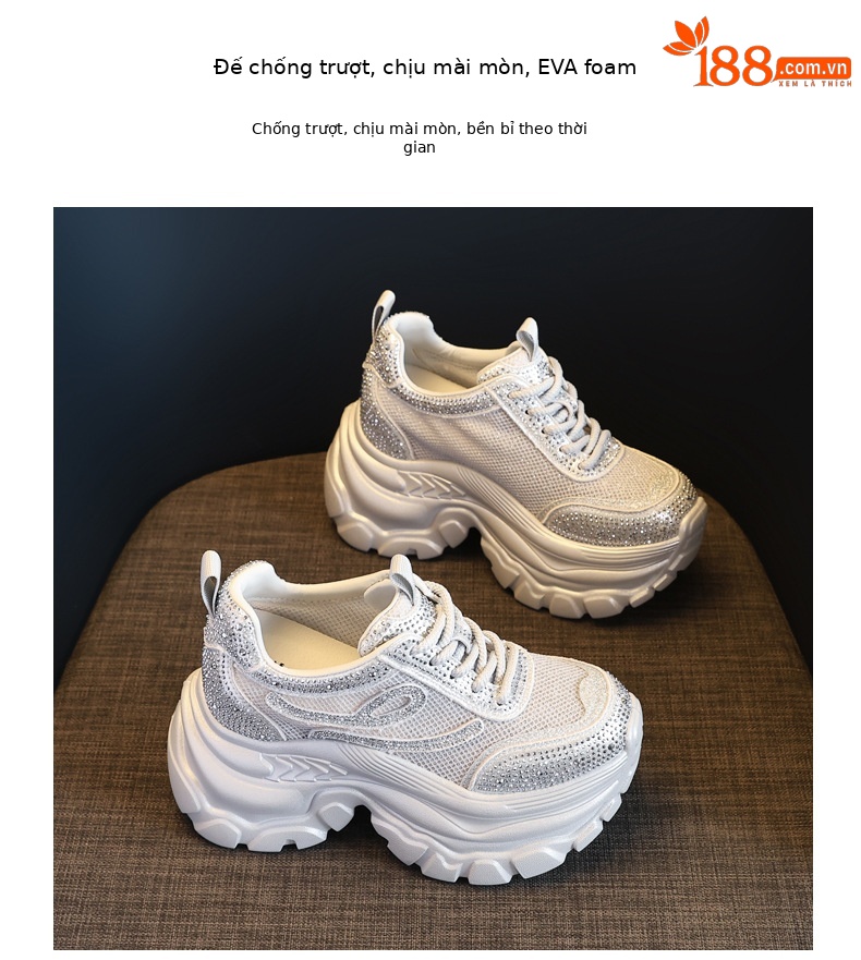 Giày sneaker chunky nữ đế dày mặt lưới đính đá tăng chiều cao — Màu đen chi tiết 9