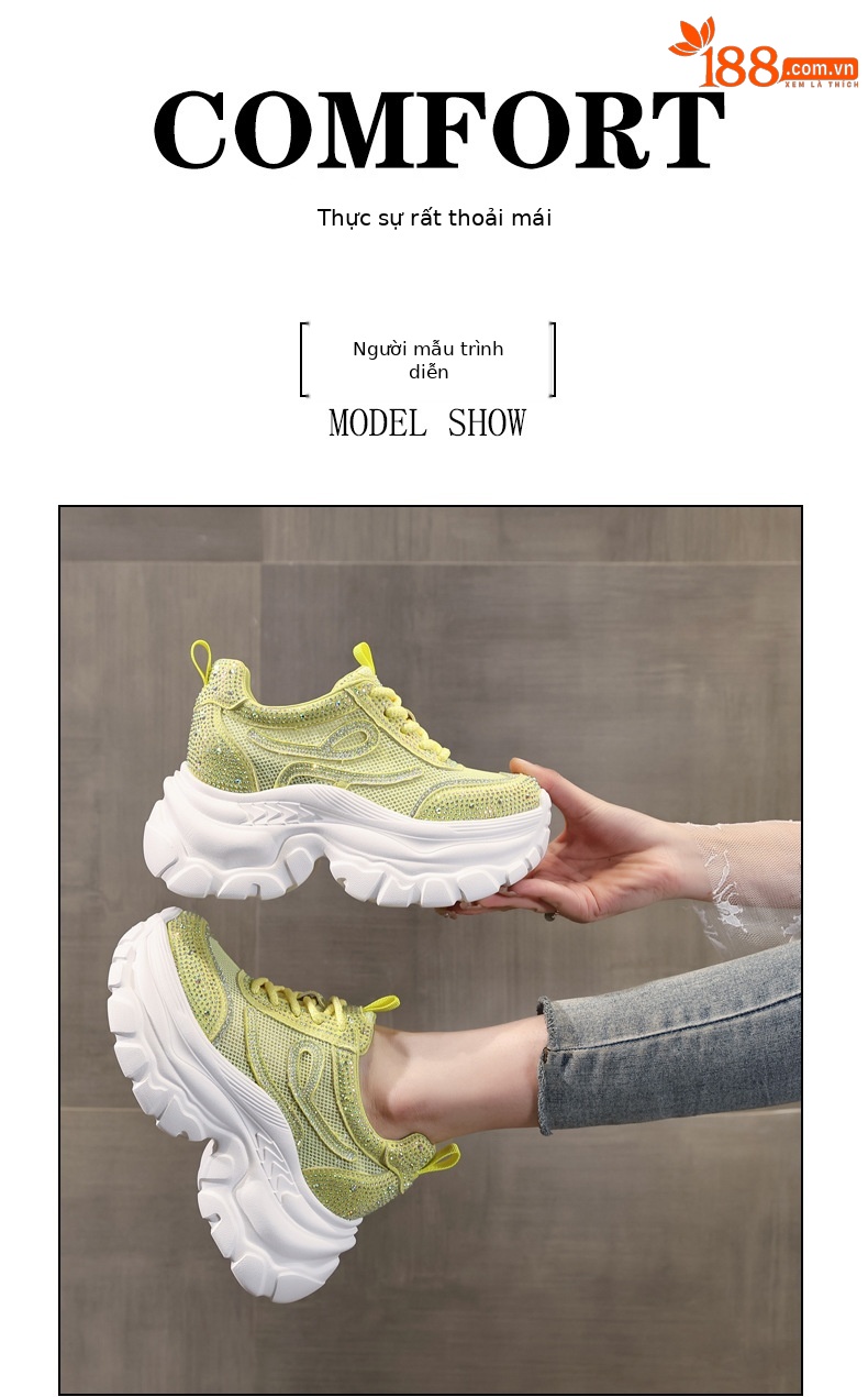 Giày sneaker chunky nữ đế dày mặt lưới đính đá tăng chiều cao — Màu đen chi tiết 10