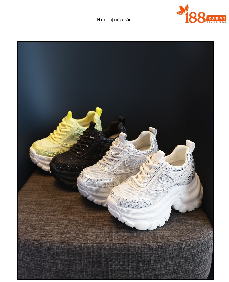 Giày sneaker chunky nữ đế dày mặt lưới đính đá tăng chiều cao — Màu đen chi tiết 17