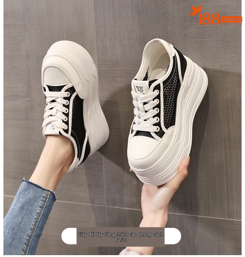 Giày sneaker nữ đế dày tăng chiều cao, mặt lưới thoáng khí, phong cách bánh xốp — Màu đen chi tiết 1