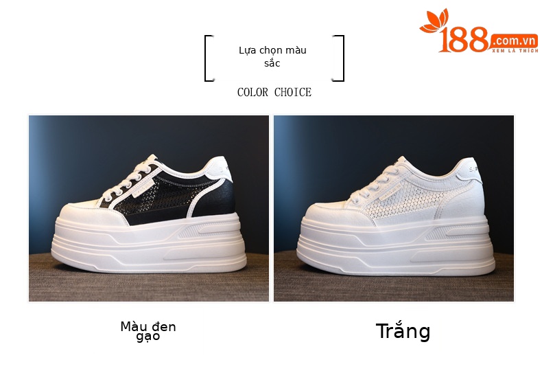 Giày sneaker nữ đế dày tăng chiều cao, mặt lưới thoáng khí, phong cách bánh xốp — Màu đen chi tiết 2