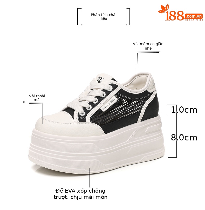 Giày sneaker nữ đế dày tăng chiều cao, mặt lưới thoáng khí, phong cách bánh xốp — Màu đen chi tiết 3