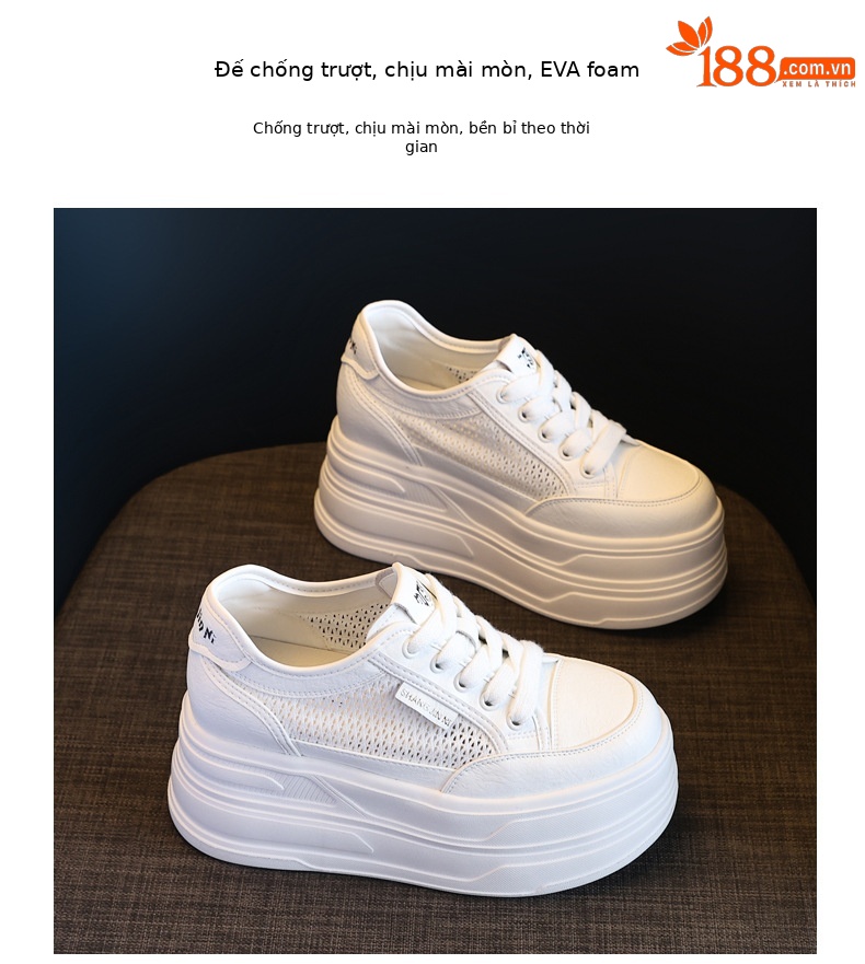 Giày sneaker nữ đế dày tăng chiều cao, mặt lưới thoáng khí, phong cách bánh xốp — Màu đen chi tiết 10