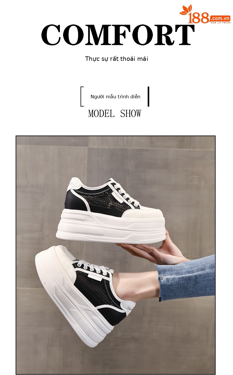 Giày sneaker nữ đế dày tăng chiều cao, mặt lưới thoáng khí, phong cách bánh xốp — Màu đen chi tiết 11