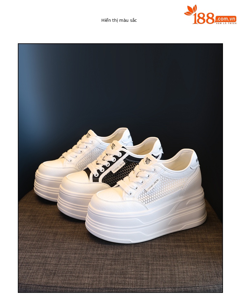 Giày sneaker nữ đế dày tăng chiều cao, mặt lưới thoáng khí, phong cách bánh xốp — Màu đen chi tiết 18