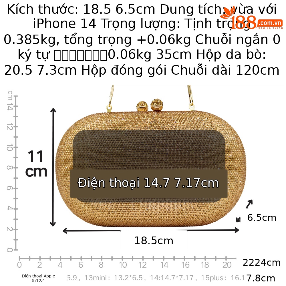 Túi clutch nữ đính đá dạ hội sang trọng, cầm tay dây chuyền kim cương — Màu vàng, Màu sâm panh, Màu bạc, Màu xám chi tiết 1