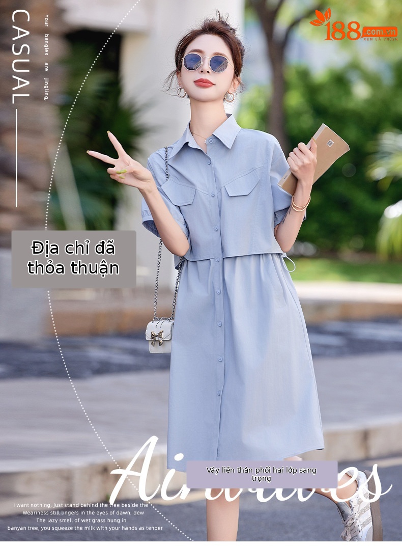 Váy sơ mi nữ tay ngắn thắt eo mùa hè 2025 tặng thắt lưng HF25836 — Màu xanh lam, Màu xanh lá chi tiết 1