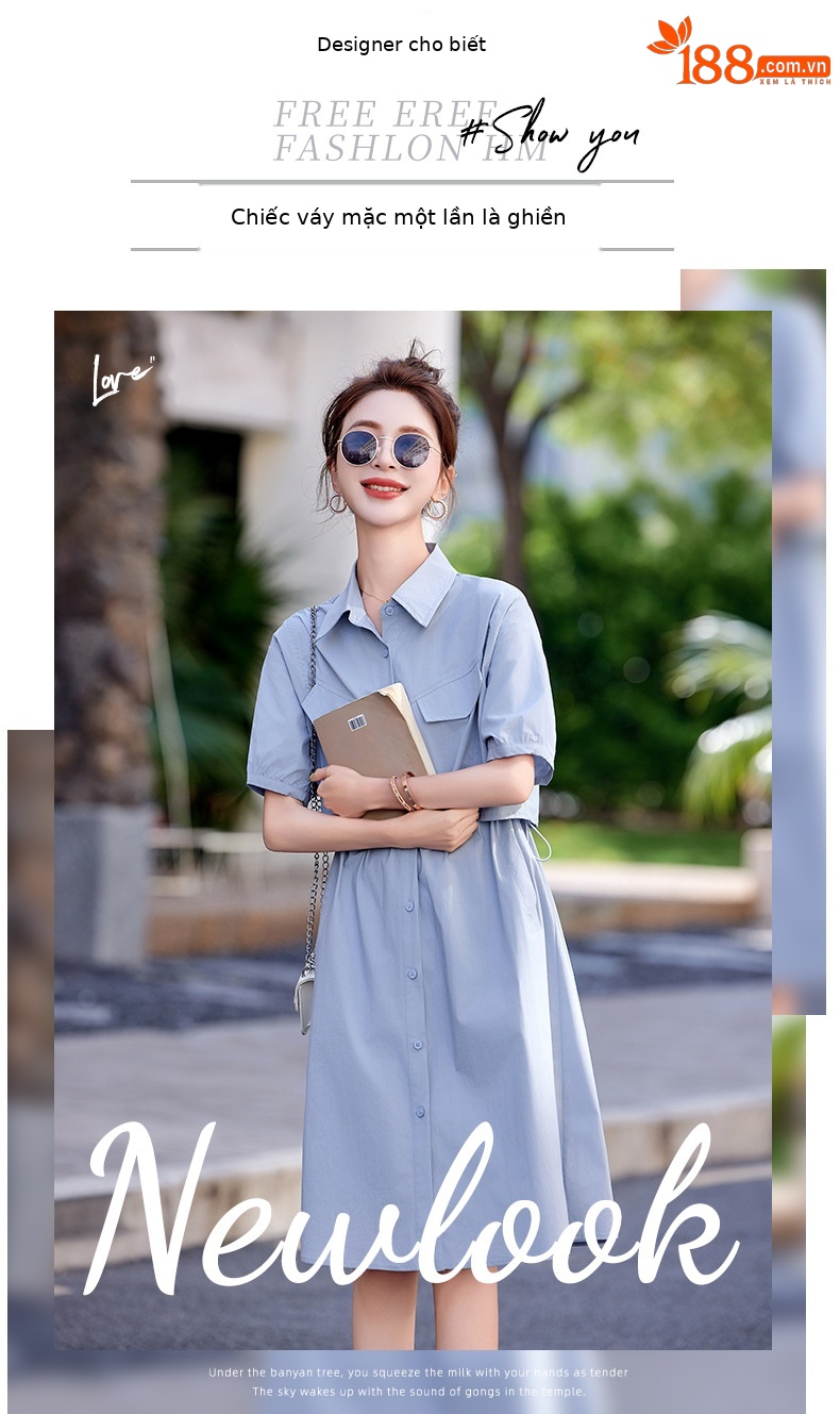 Váy sơ mi nữ tay ngắn thắt eo mùa hè 2025 tặng thắt lưng HF25836 — Màu xanh lam, Màu xanh lá chi tiết 2