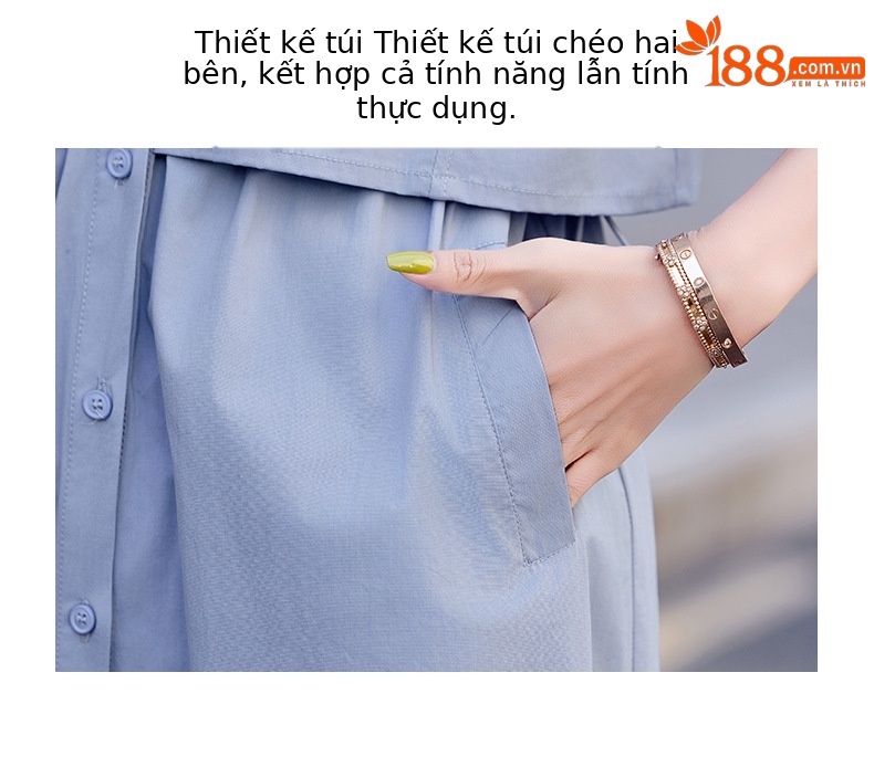 Váy sơ mi nữ tay ngắn thắt eo mùa hè 2025 tặng thắt lưng HF25836 — Màu xanh lam, Màu xanh lá chi tiết 7