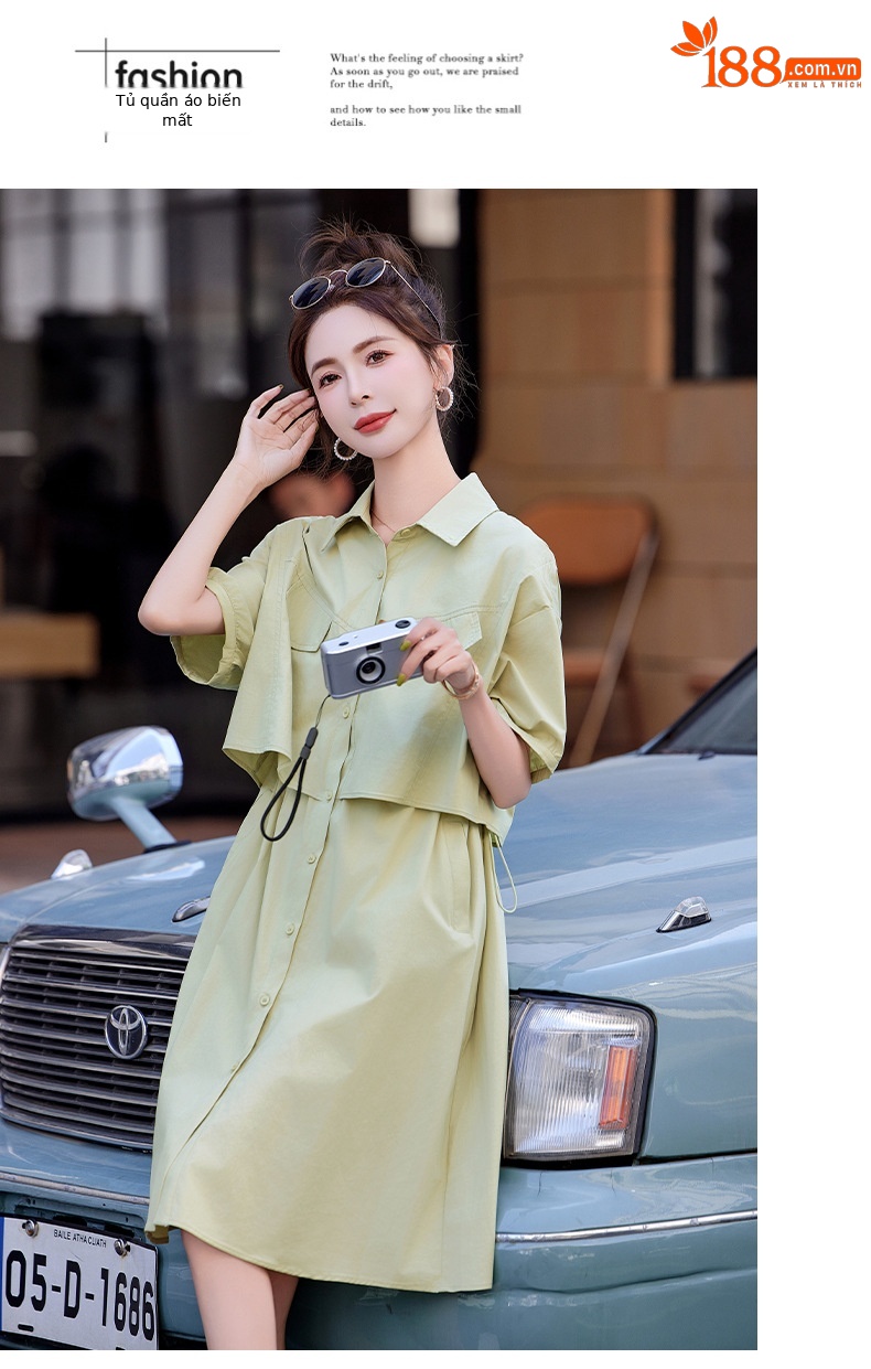 Váy sơ mi nữ tay ngắn thắt eo mùa hè 2025 tặng thắt lưng HF25836 — Màu xanh lam, Màu xanh lá chi tiết 19