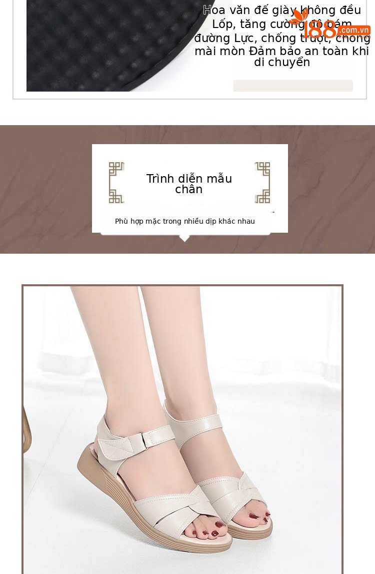 Dép sandal nữ quai chữ V đế bằng chống trượt, đế mềm, size lớn cho mẹ trung niên và cao tuổi đi bên ngoài — Màu be chi tiết 7