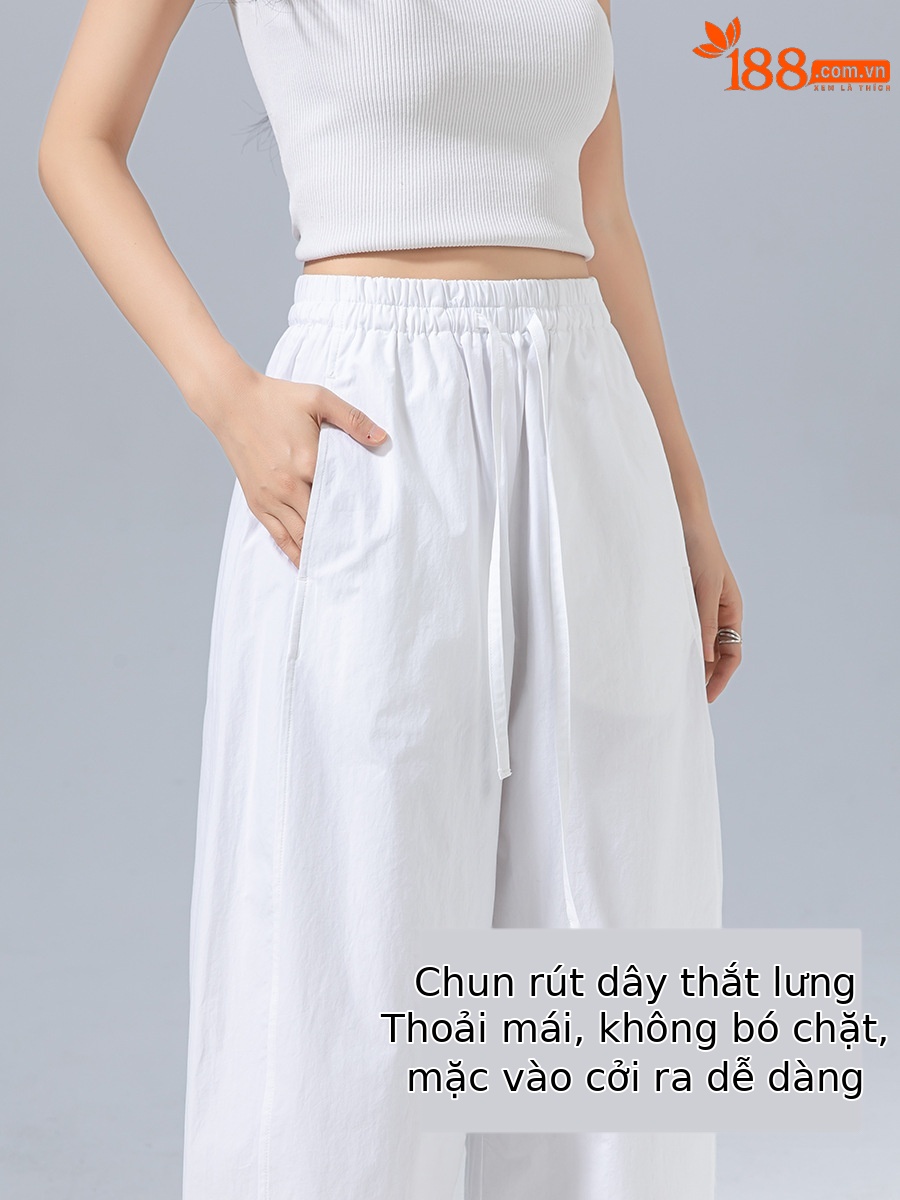 Quần ống rộng cạp cao dáng quả bóng dây rút thắt lưng 9 phần mùa hè — Màu trắng (bao gồm cả lớp lót)