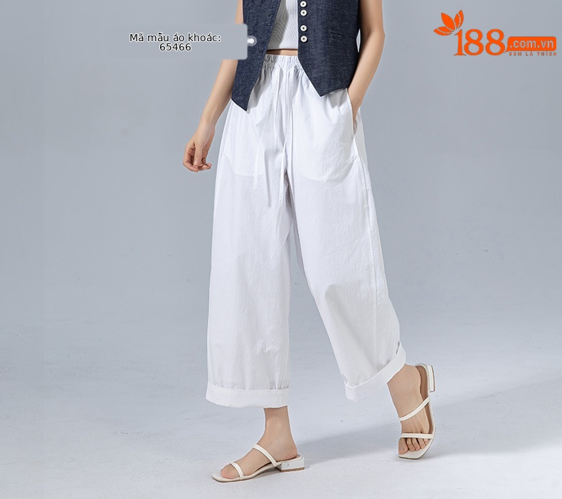 Quần ống rộng cạp cao dáng quả bóng dây rút thắt lưng 9 phần mùa hè — Màu trắng (bao gồm cả lớp lót) chi tiết 7