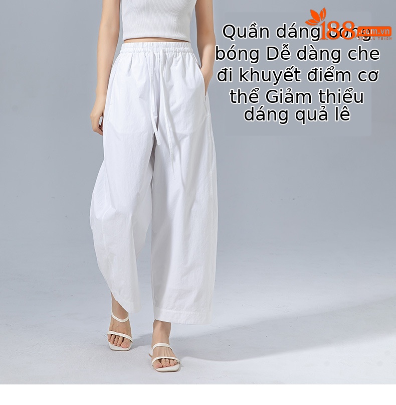Quần ống rộng cạp cao dáng quả bóng dây rút thắt lưng 9 phần mùa hè — Màu trắng (bao gồm cả lớp lót) chi tiết 9
