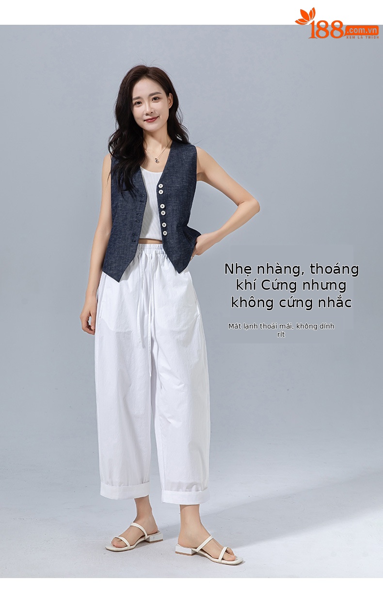Quần ống rộng cạp cao dáng quả bóng dây rút thắt lưng 9 phần mùa hè — Màu trắng (bao gồm cả lớp lót) chi tiết 11