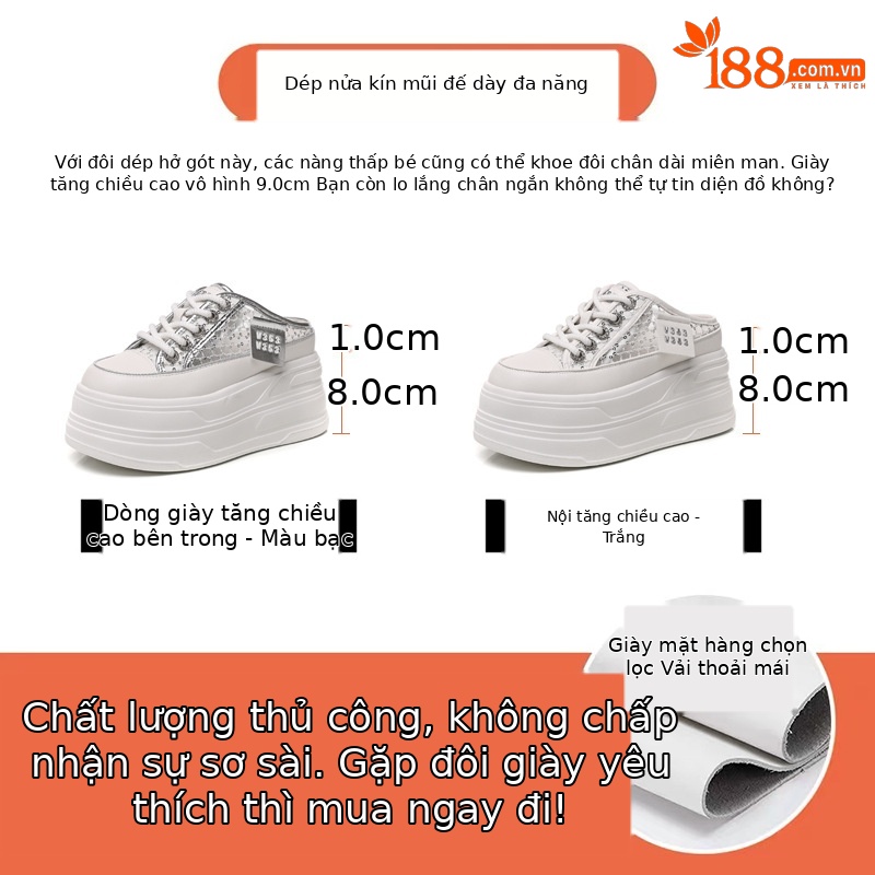 Giày sneaker trắng đế dày tăng chiều cao nữ 180-8, dép lê bít mũi xỏ chân mùa hè 2025 — Màu trắng, Màu bạc