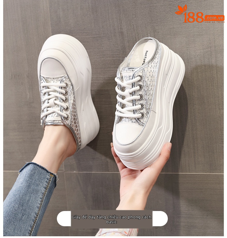 Giày sneaker trắng đế dày tăng chiều cao nữ 180-8, dép lê bít mũi xỏ chân mùa hè 2025 — Màu trắng, Màu bạc chi tiết 1
