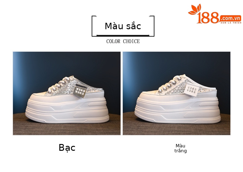 Giày sneaker trắng đế dày tăng chiều cao nữ 180-8, dép lê bít mũi xỏ chân mùa hè 2025 — Màu trắng, Màu bạc chi tiết 2