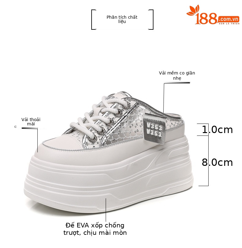 Giày sneaker trắng đế dày tăng chiều cao nữ 180-8, dép lê bít mũi xỏ chân mùa hè 2025 — Màu trắng, Màu bạc chi tiết 3