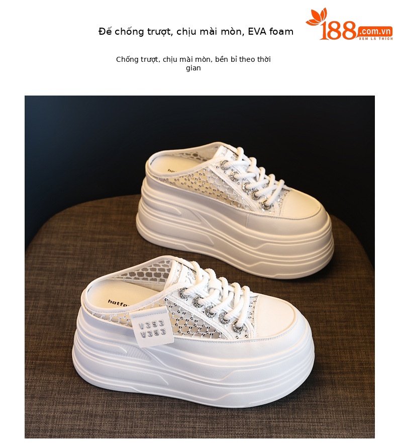 Giày sneaker trắng đế dày tăng chiều cao nữ 180-8, dép lê bít mũi xỏ chân mùa hè 2025 — Màu trắng, Màu bạc chi tiết 10