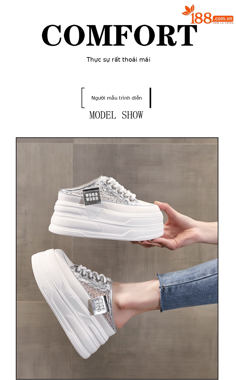 Giày sneaker trắng đế dày tăng chiều cao nữ 180-8, dép lê bít mũi xỏ chân mùa hè 2025 — Màu trắng, Màu bạc chi tiết 11