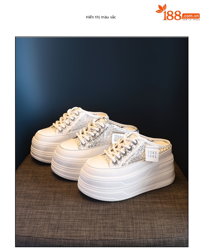 Giày sneaker trắng đế dày tăng chiều cao nữ 180-8, dép lê bít mũi xỏ chân mùa hè 2025 — Màu trắng, Màu bạc chi tiết 18