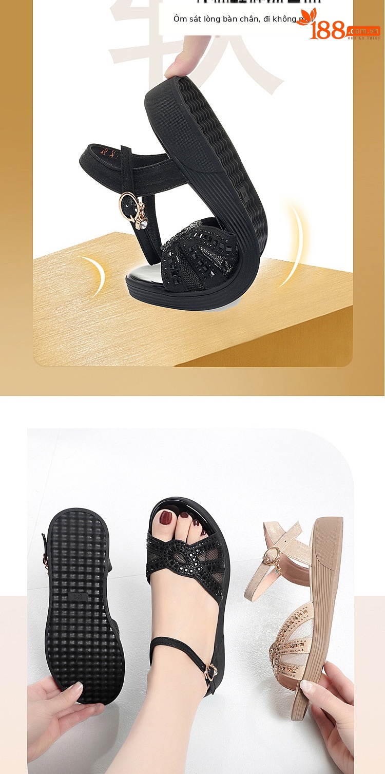 Dép sandal nữ đế mềm da thật chống trơn trượt đế xuồng bệt mùa hè — Màu đen chi tiết 4