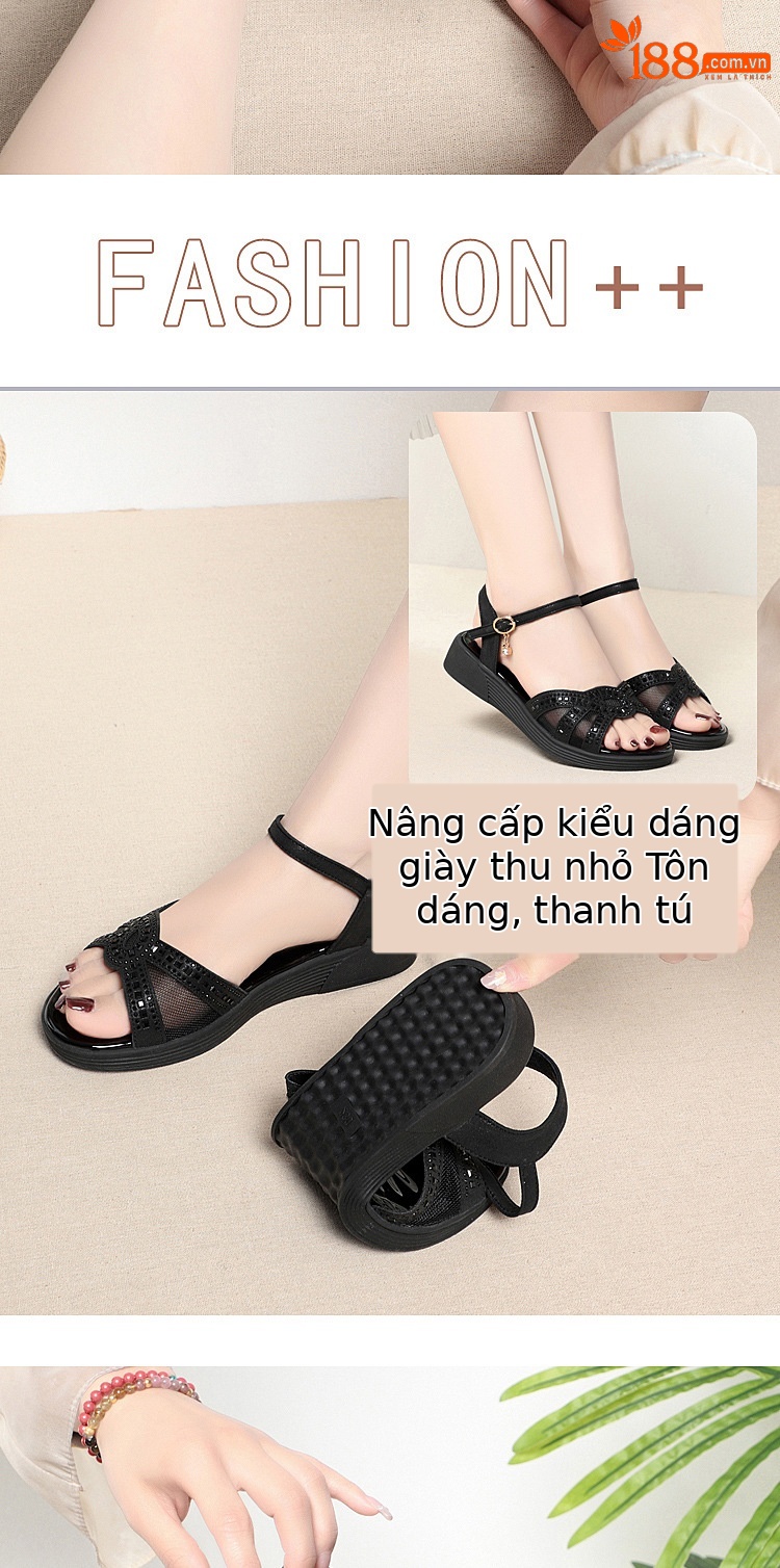 Dép sandal nữ đế mềm da thật chống trơn trượt đế xuồng bệt mùa hè — Màu đen chi tiết 9