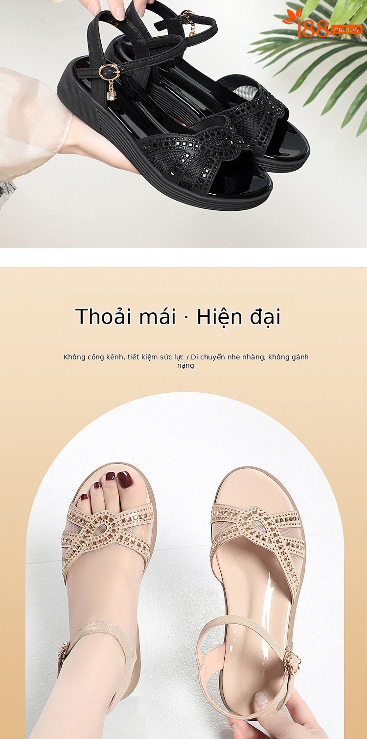 Dép sandal nữ đế mềm da thật chống trơn trượt đế xuồng bệt mùa hè — Màu đen chi tiết 10
