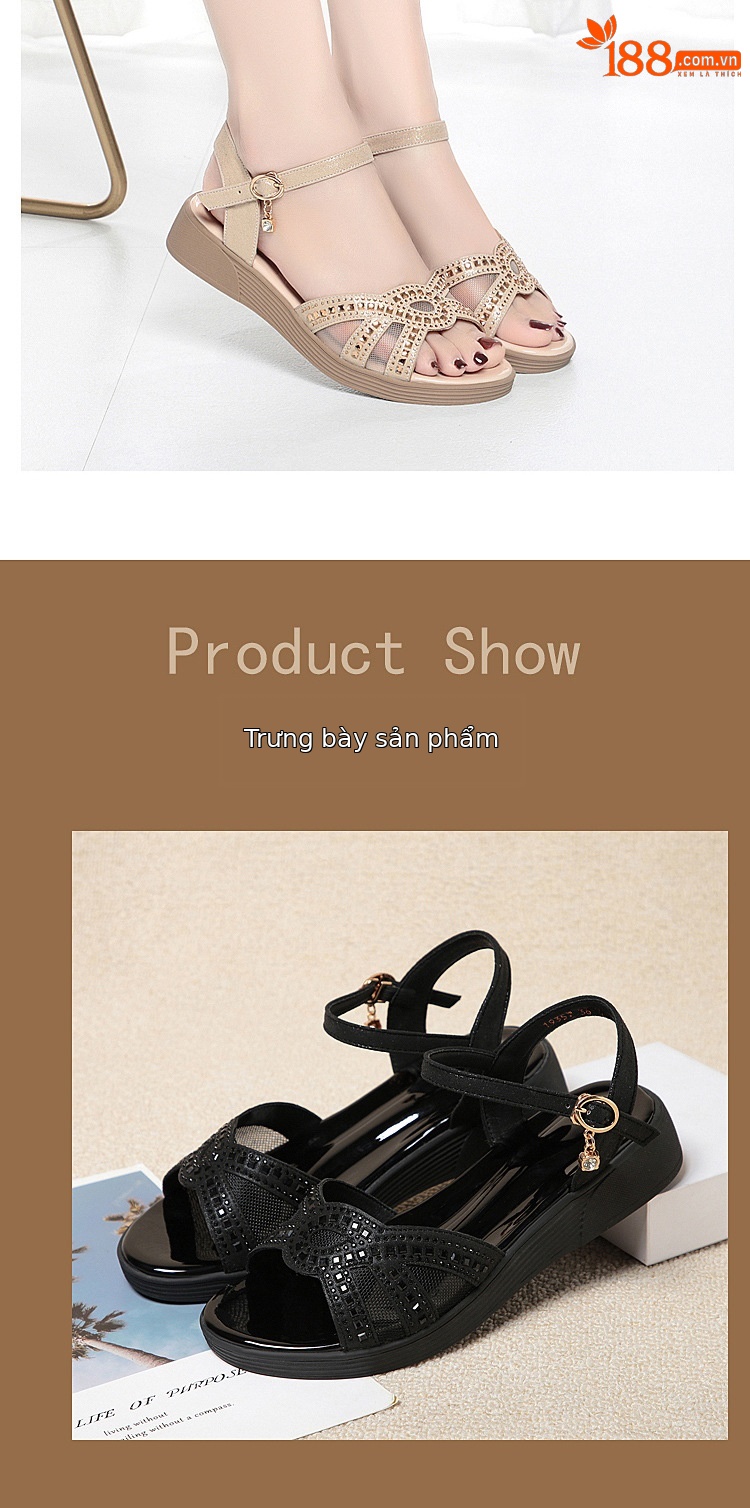 Dép sandal nữ đế mềm da thật chống trơn trượt đế xuồng bệt mùa hè — Màu đen chi tiết 13