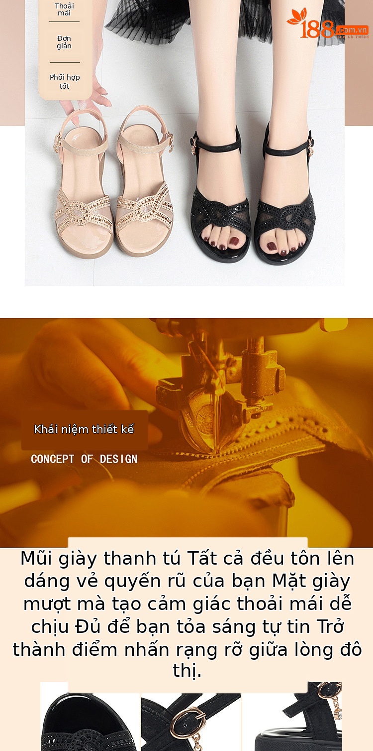 Dép sandal nữ đế mềm da thật chống trơn trượt đế xuồng bệt mùa hè — Màu đen chi tiết 2