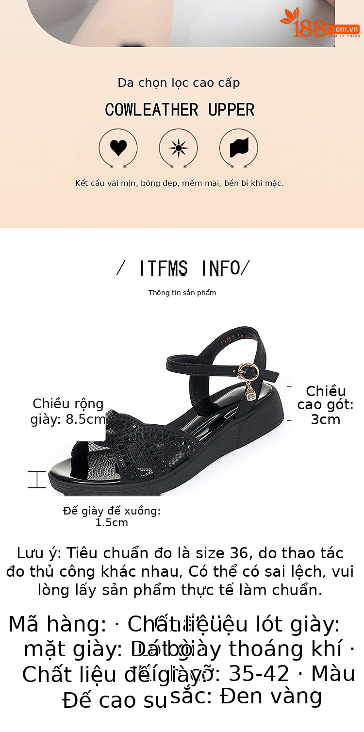 Dép sandal nữ đế mềm da thật chống trơn trượt đế xuồng bệt mùa hè — Màu đen chi tiết 5