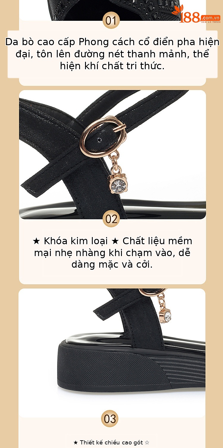 Dép sandal nữ đế mềm da thật chống trơn trượt đế xuồng bệt mùa hè — Màu đen chi tiết 6