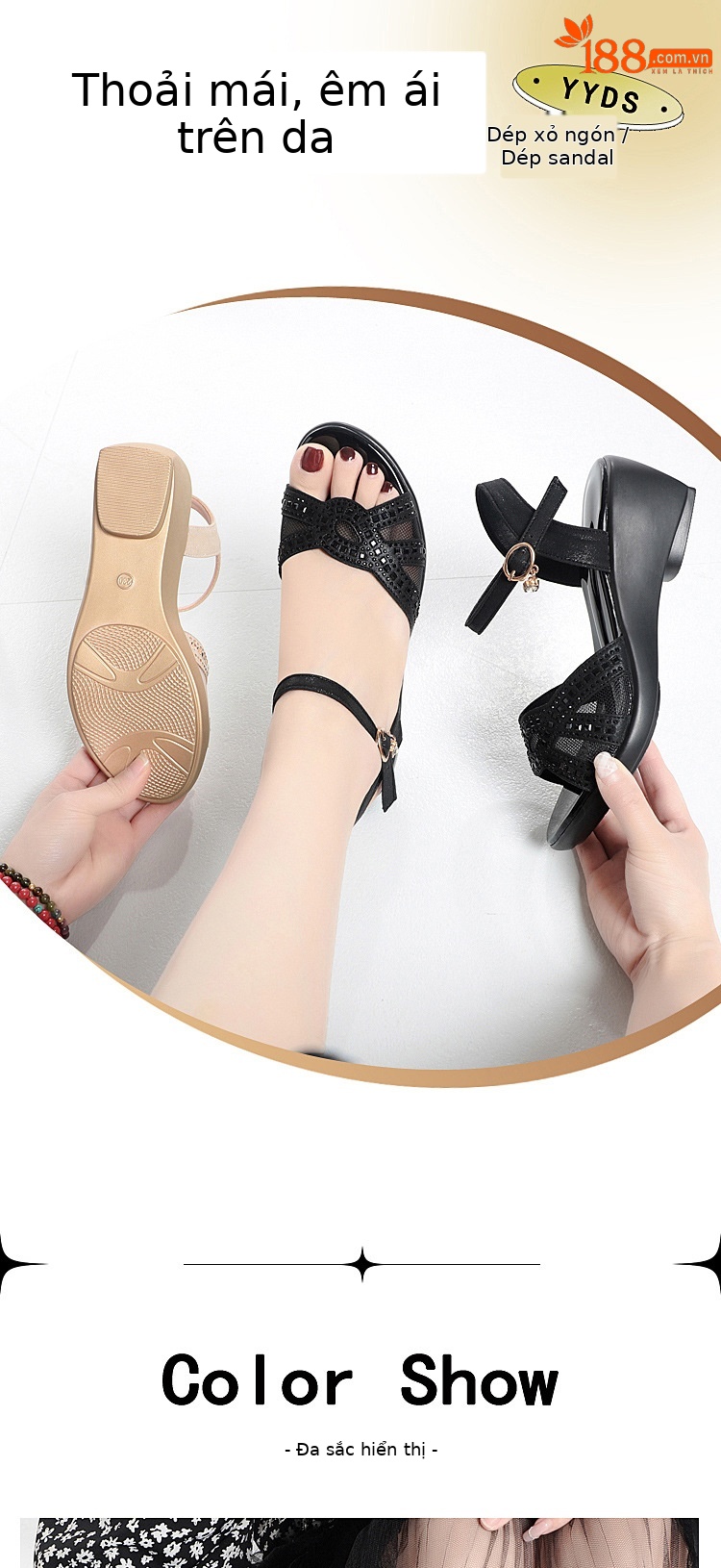 Sandal nữ đế xuồng da thật gót vừa thoải mái — Màu đen chi tiết 1