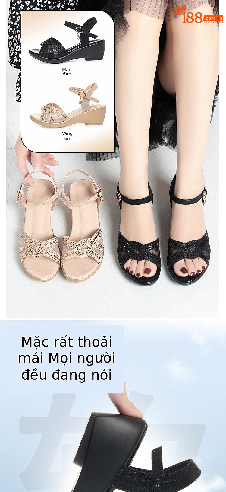 Sandal nữ đế xuồng da thật gót vừa thoải mái — Màu đen chi tiết 2