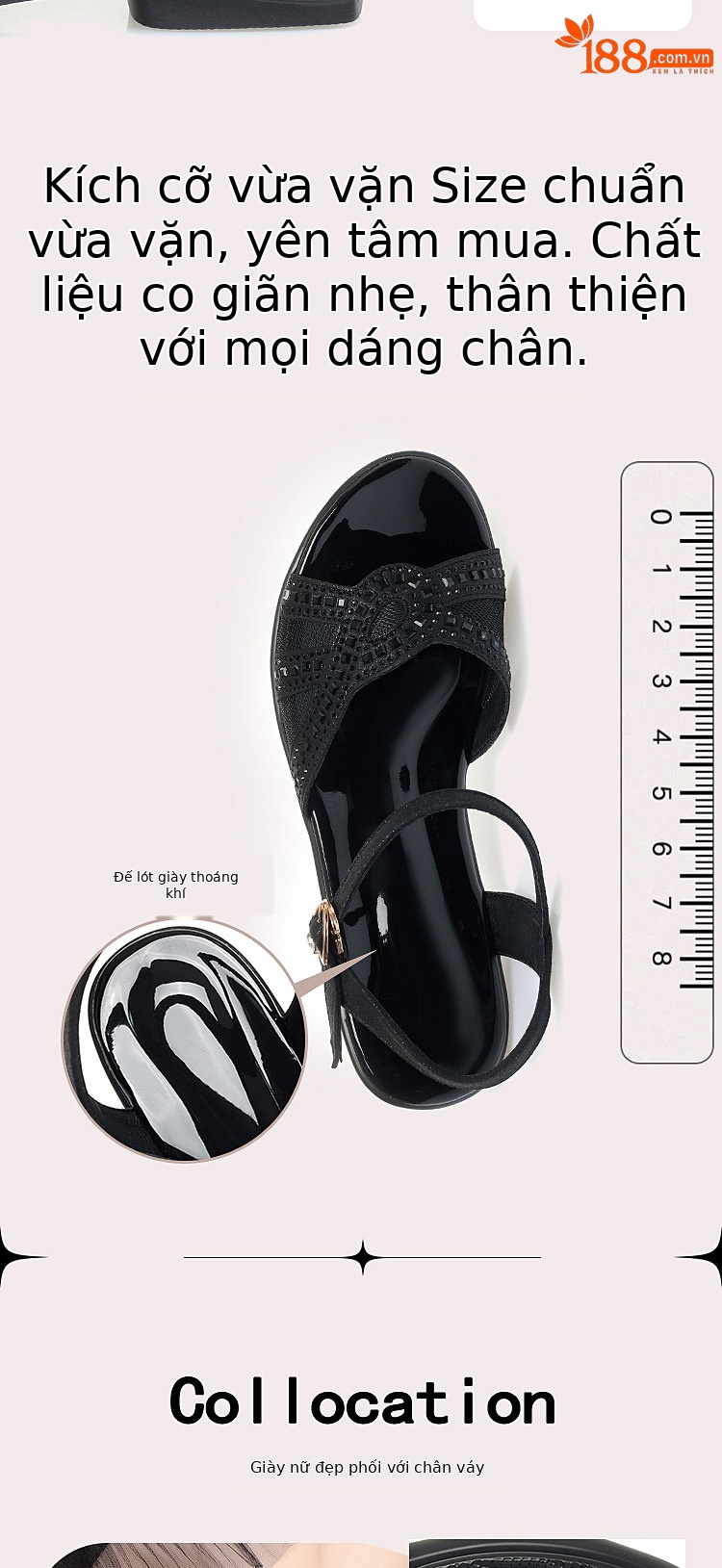 Sandal nữ đế xuồng da thật gót vừa thoải mái — Màu đen chi tiết 5