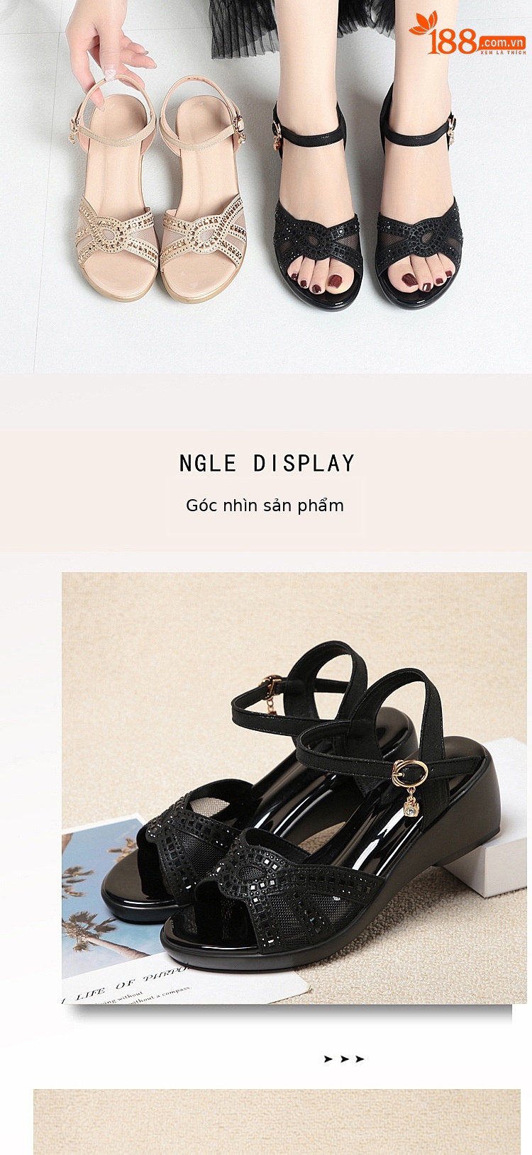 Sandal nữ đế xuồng da thật gót vừa thoải mái — Màu đen chi tiết 13
