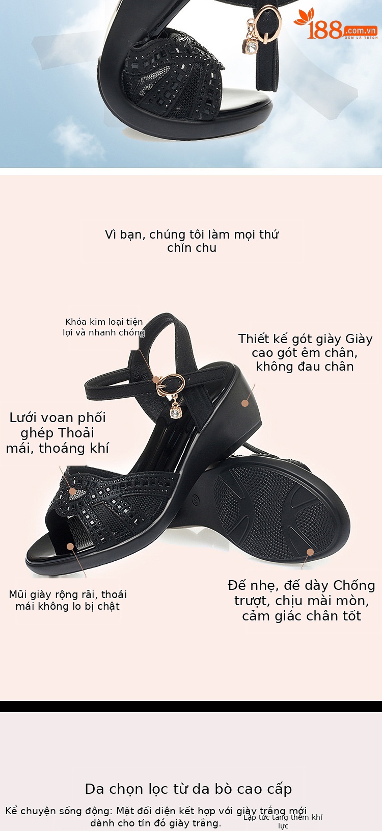 Sandal nữ đế xuồng da thật gót vừa thoải mái — Màu đen chi tiết 3