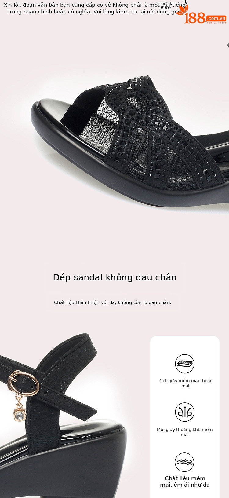 Sandal nữ đế xuồng da thật gót vừa thoải mái — Màu đen chi tiết 4