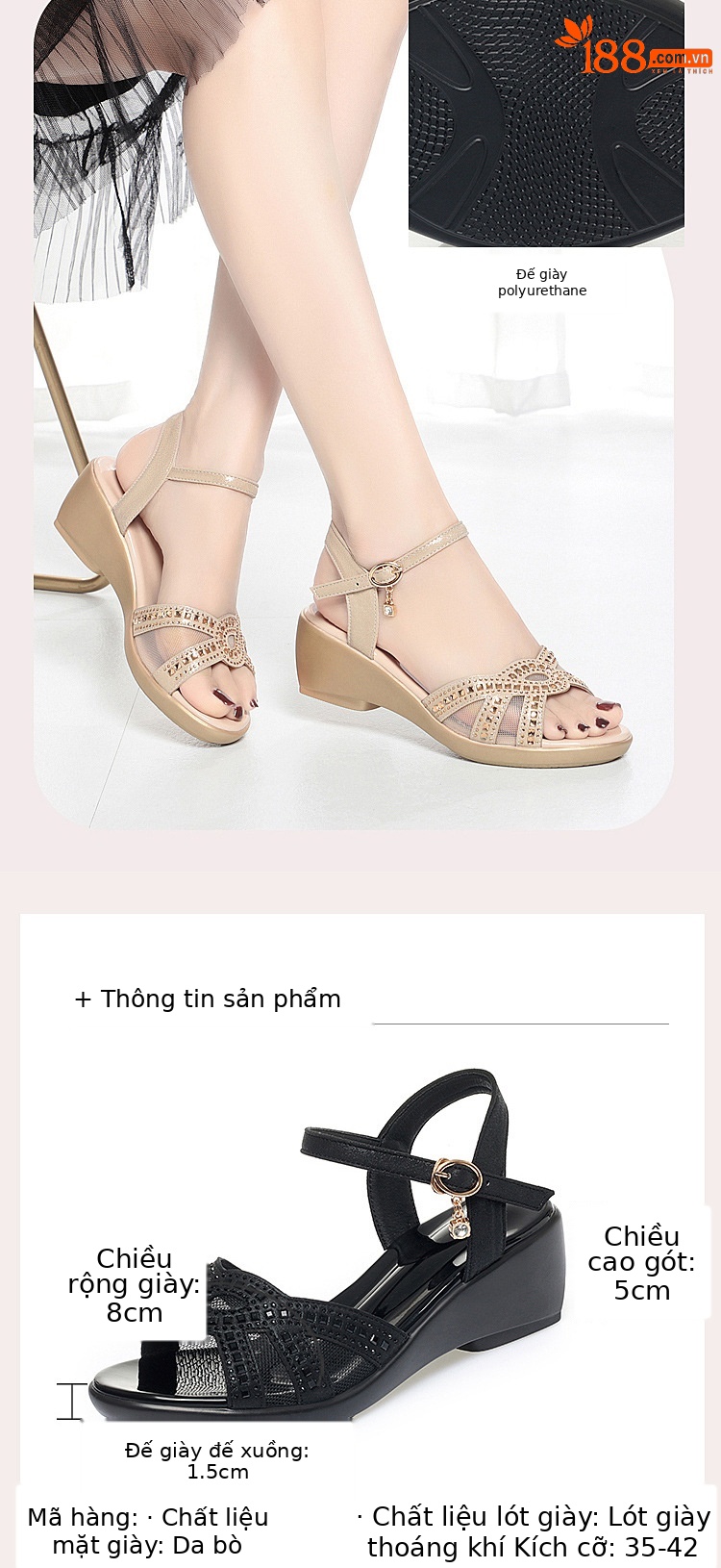 Sandal nữ đế xuồng da thật gót vừa thoải mái — Màu đen chi tiết 6