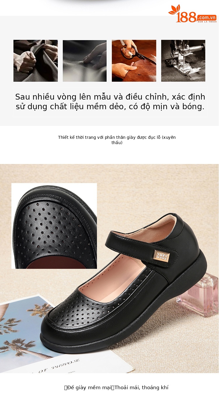 Dép sandal nữ mũi nhọn đế mềm da thật, giày lỗ rỗng mùa hè chống trượt — màu be chi tiết 4